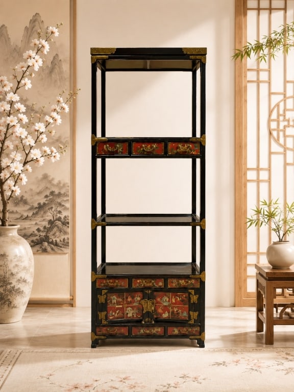CHINESE BLACK LACQUER ETAGERE CABINET 63" (1 of 9)