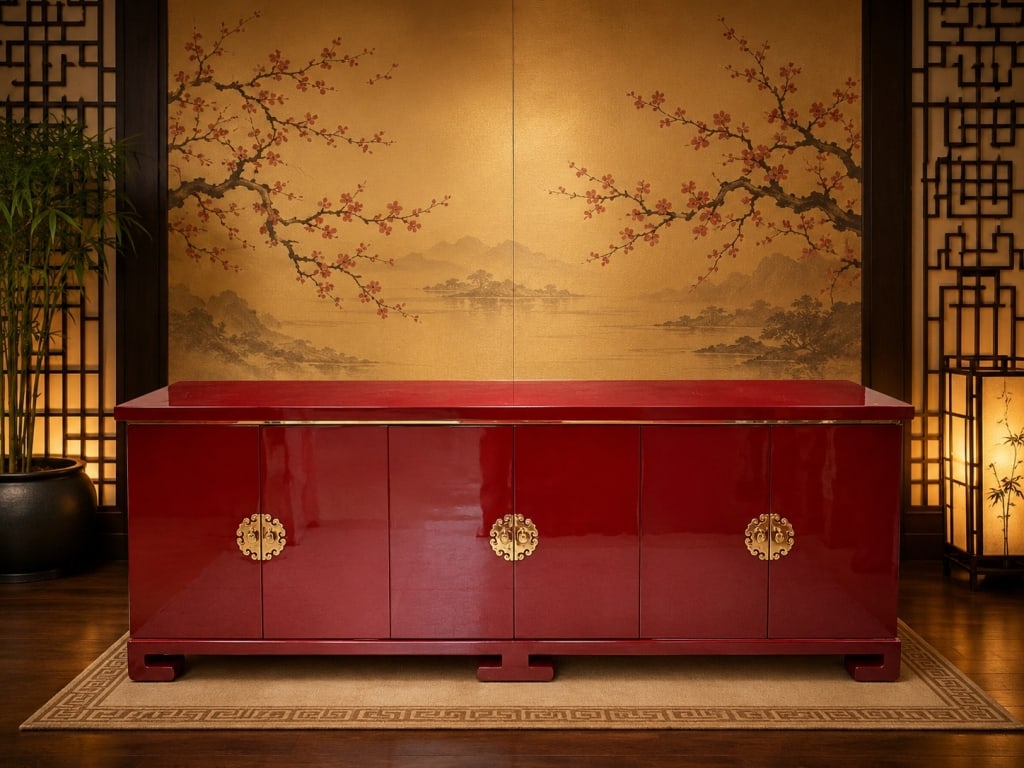ASIAN RED LACQUER SIDEBOARD CABINET AS-IS 90" (1 of 8)