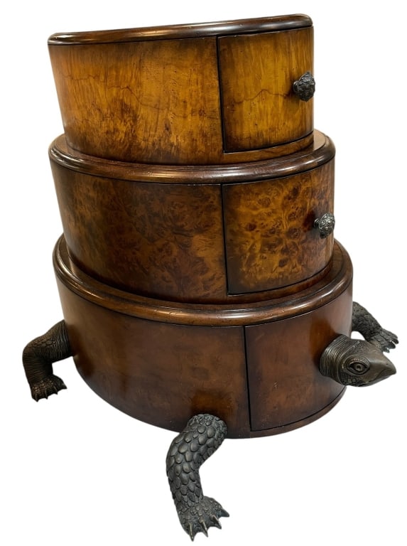 CENTURY TURTLE FORM BURLWOOD STORAGE CABINET 31": A distinctive three-tier burlwood jewelry cabinet designed in the whimsical form of a turtle, featuring richly figured burlwood veneers and cast metal turtle head, legs, and tail accents. Each circula