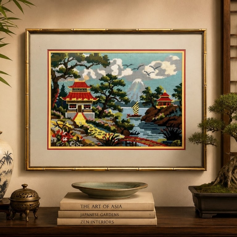 ORIENTAL LANDSCAPE NEEDLEPOINT WALL ART 26": This framed vintage needlepoint tapestry depicts a serene Asian-inspired landscape featuring pagoda-style buildings, a boat, mountain backdrop, arched bridge, and lush garden scenery. Presented in an 