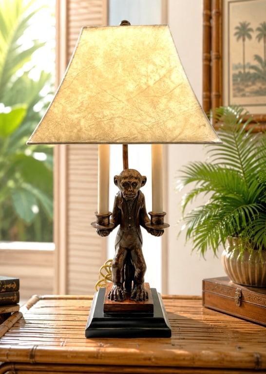 CARVED WOOD MONKEY LIGHTHOLDER TABLE LAMP 22" (1 of 11)