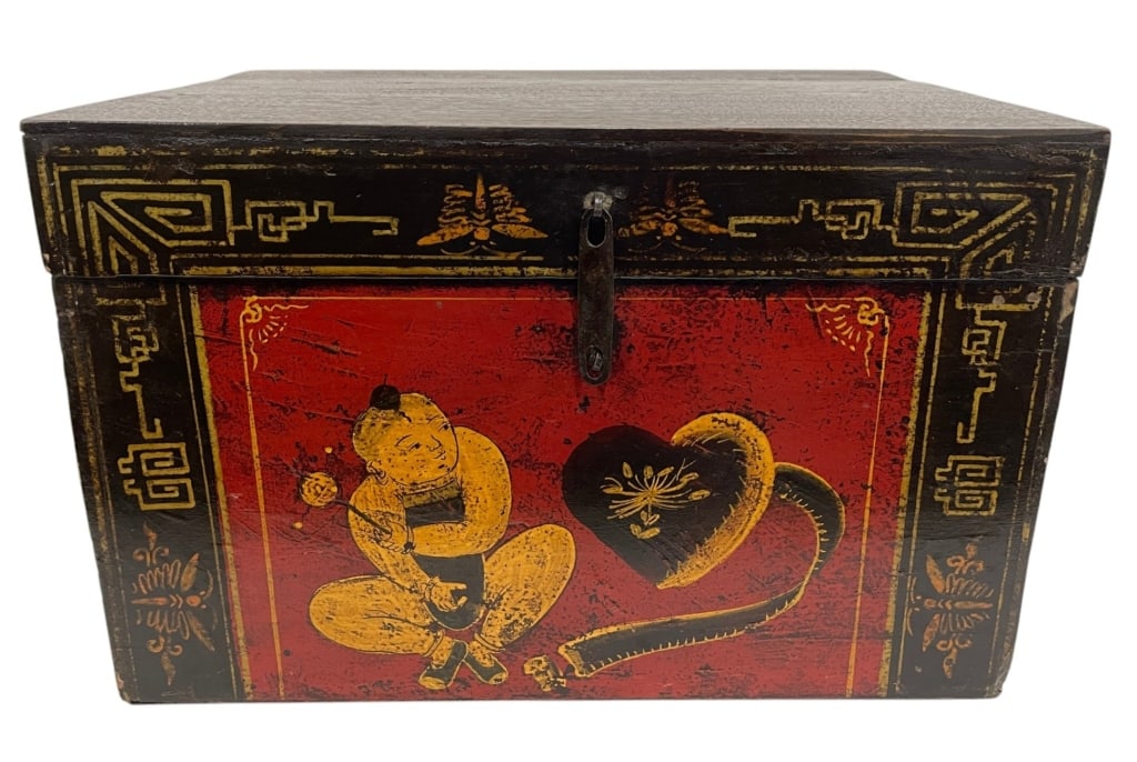 ASIAN POLYCHROME DECORATED WOOD STORAGE CHEST 18" (1 of 7)