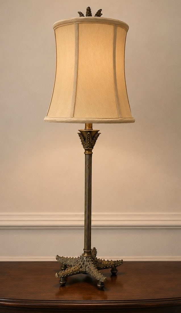 COASTAL SCULPTURAL STARFISH FORM TABLE LAMP: Decorative table lamp featuring a sculptural starfish-inspired base with richly textured detailing, a fluted column stem, and a stylized foliate capital beneath a cream empire shade. Finished in an an