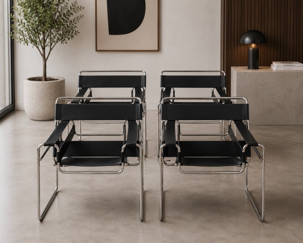 4 CHROME & BLACK LEATHER WASSILY STYLE CHAIRS (1 of 14)