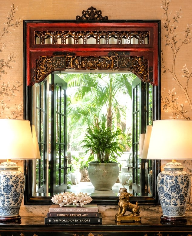 CHINESE STYLE CARVED LACQUER WALL MIRROR 48" (1 of 9)