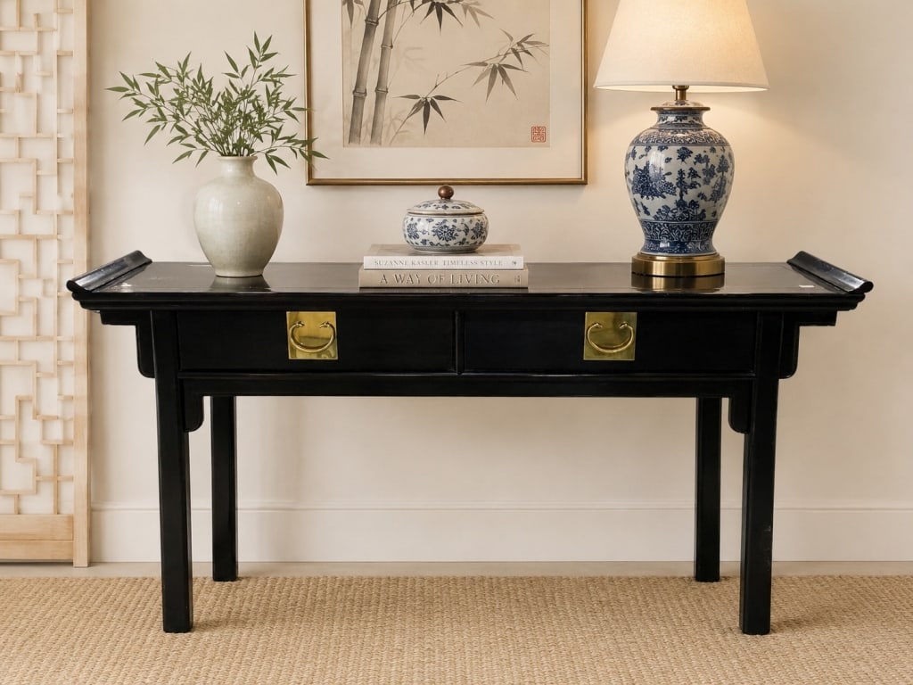 CENTURY ASIAN STYLE BLACK LACQUER SOFA TABLE 63" (1 of 10)
