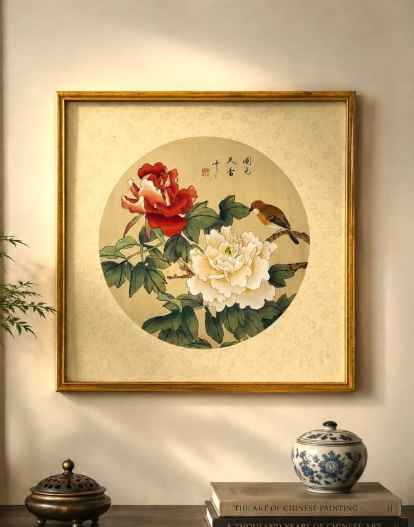 FRAMED CHINESE PEONY & SONG BIRD CIRCULAR ART 17" (1 of 6)