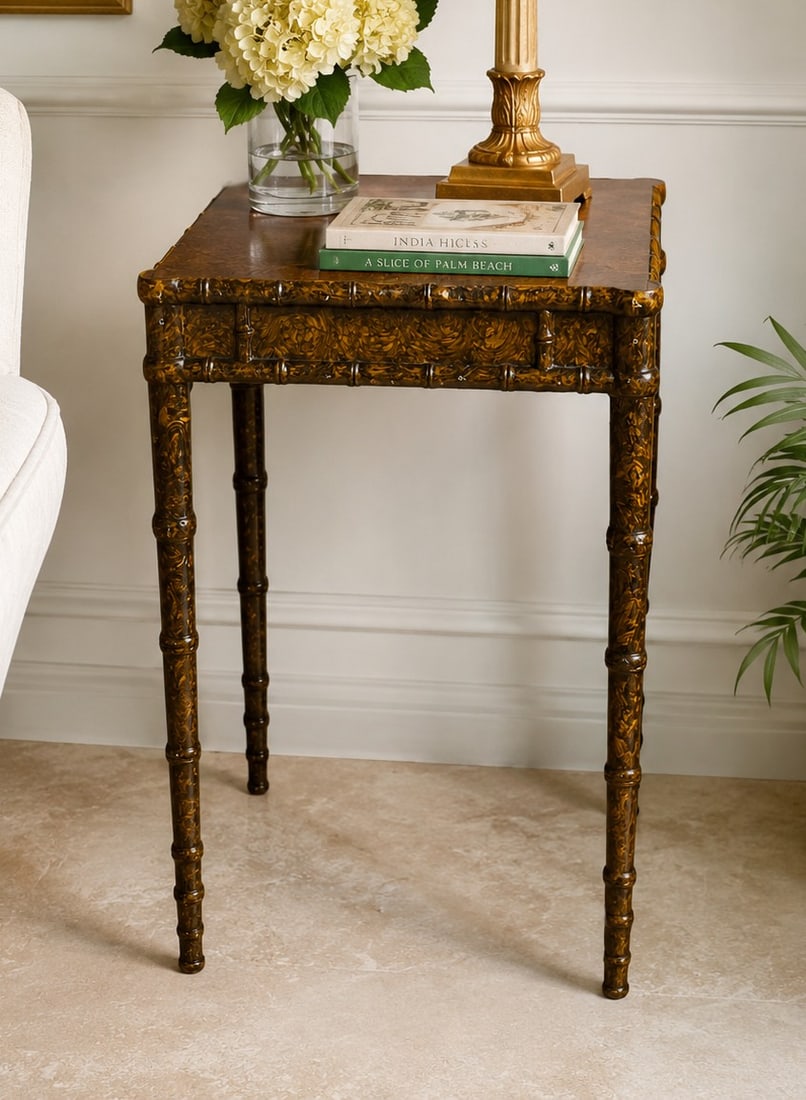 FAUX BAMBOO BURLWOOD FINISH SIDE TABLE 20" (1 of 7)