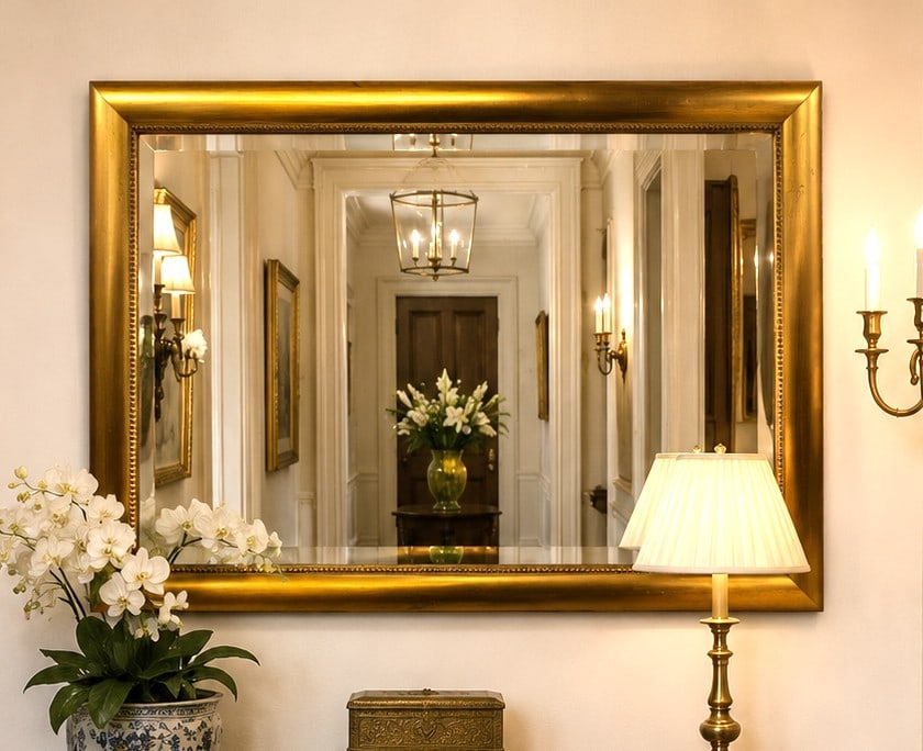 GILTWOOD WARM GOLD TONE WALL MIRROR 41": Giltwood beveled wall mirror with layered frame design, warm gold-tone finish, carved outer border, and beaded inner detail. A regal decorative accent mirror with classic traditional styling, suitable