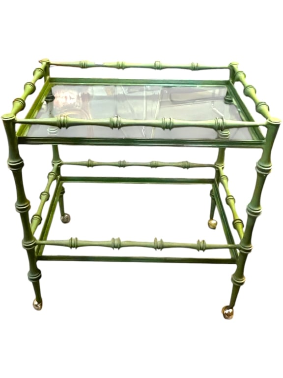 GREEN FAUX BAMBOO TWO-TIER GLASS BAR CART 28": Stylish two-tier bar cart featuring a green faux bamboo frame with inset glass shelves and decorative bamboo-form stretchers throughout. The cart is finished in a rich green tone accented by brass-ton