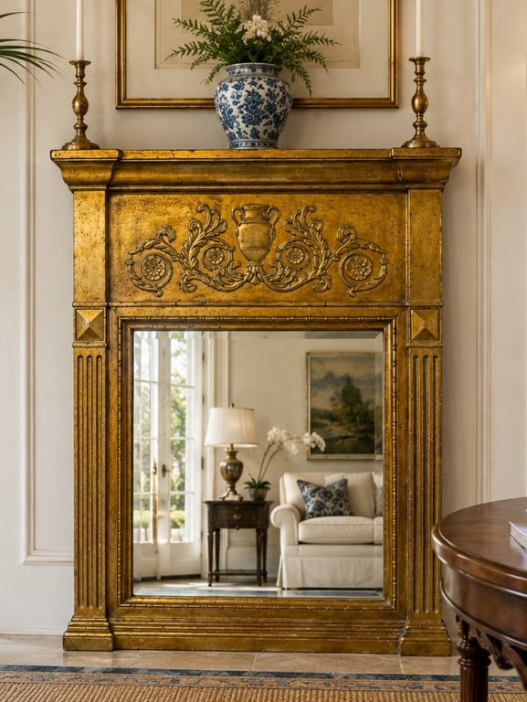 GILDED FALSE MANTLE PROJECT PIECE 47": A decorative gilded false fireplace surround featuring classical architectural styling with fluted side columns, raised pyramid accents, molded trim, and an ornate upper panel decorated with an urn, s