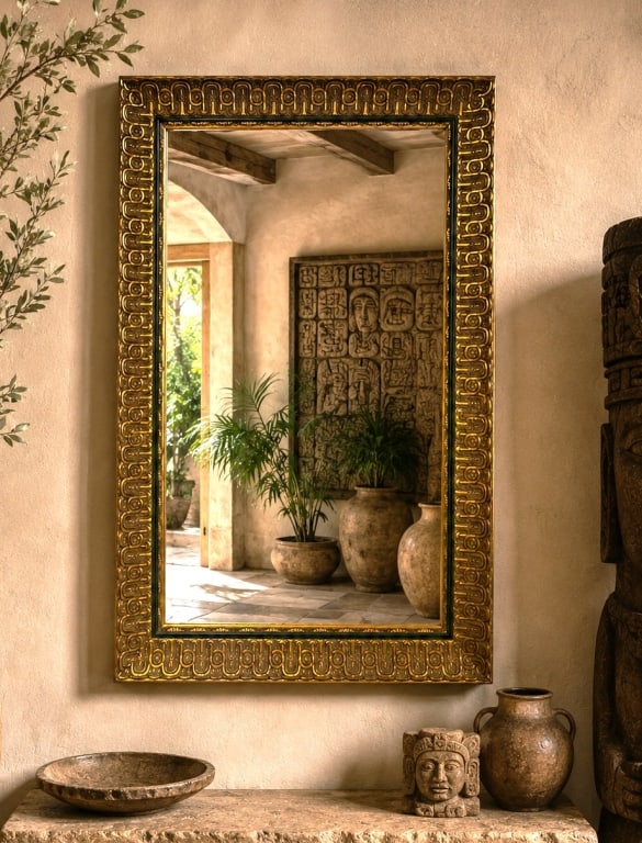 GILT FRAMED WALL MIRROR 52": A striking decorative wall mirror featuring a richly textured gilt frame inspired by ancient geometric and architectural motifs. The bold repeating pattern surrounding the frame evokes elements of May