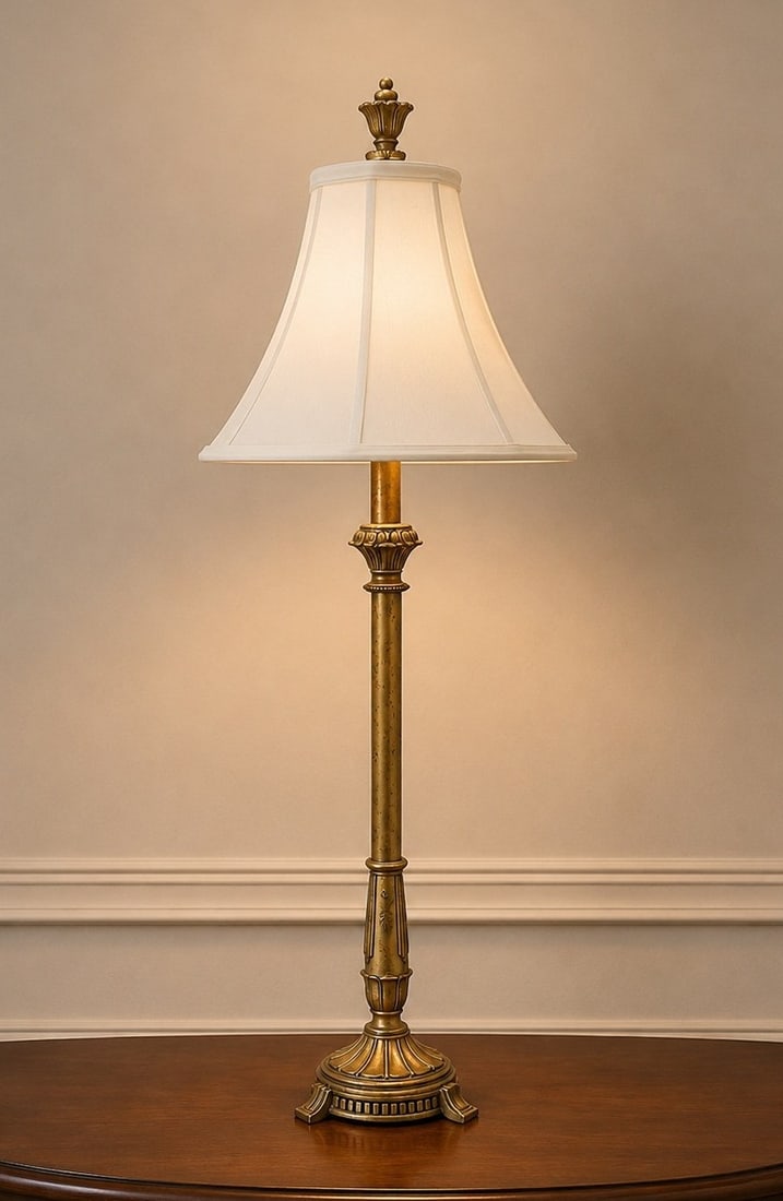 TALL BRASS-TONE CLASSICAL TABLE LAMP 32": Elegant tall table lamp featuring a brass-tone metal column with ornate classical detailing, decorative footed base, and coordinating finial. The lamp is paired with a cream bell shade, giving it a re