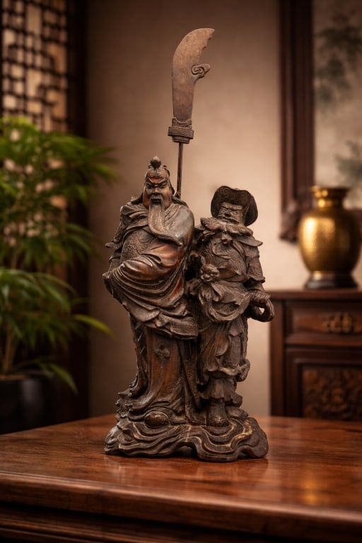 LARGE CHINESE CARVED WOOD GUAN YU & ATTENDANT 15": Finely carved hardwood figure group depicting the Chinese warrior deity Guan Yu with attendant. Detailed carving throughout including robes, armor, and expressive facial features. Mounted on carved ba