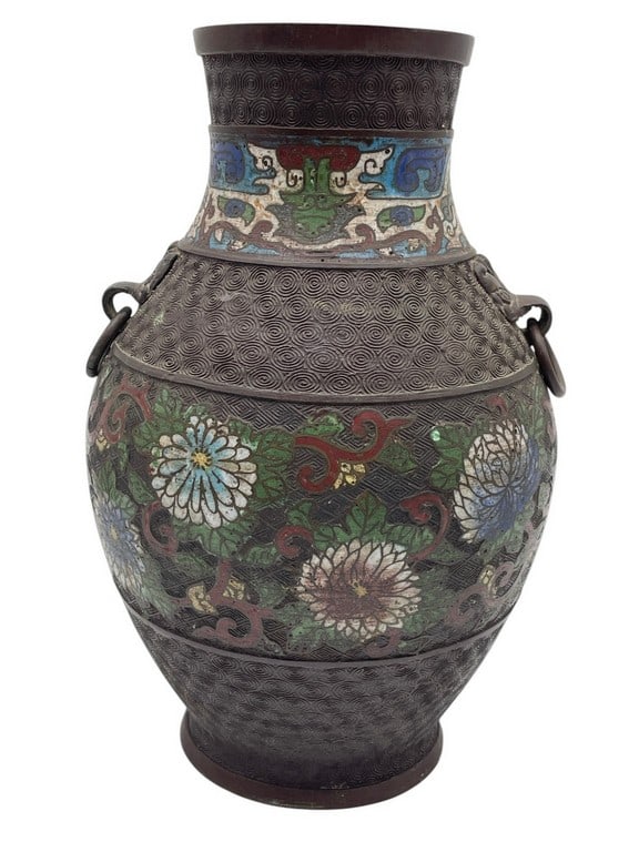 ANTIQUE CHINESE COPPER BRONZE CLOISSONE VASE 13": .