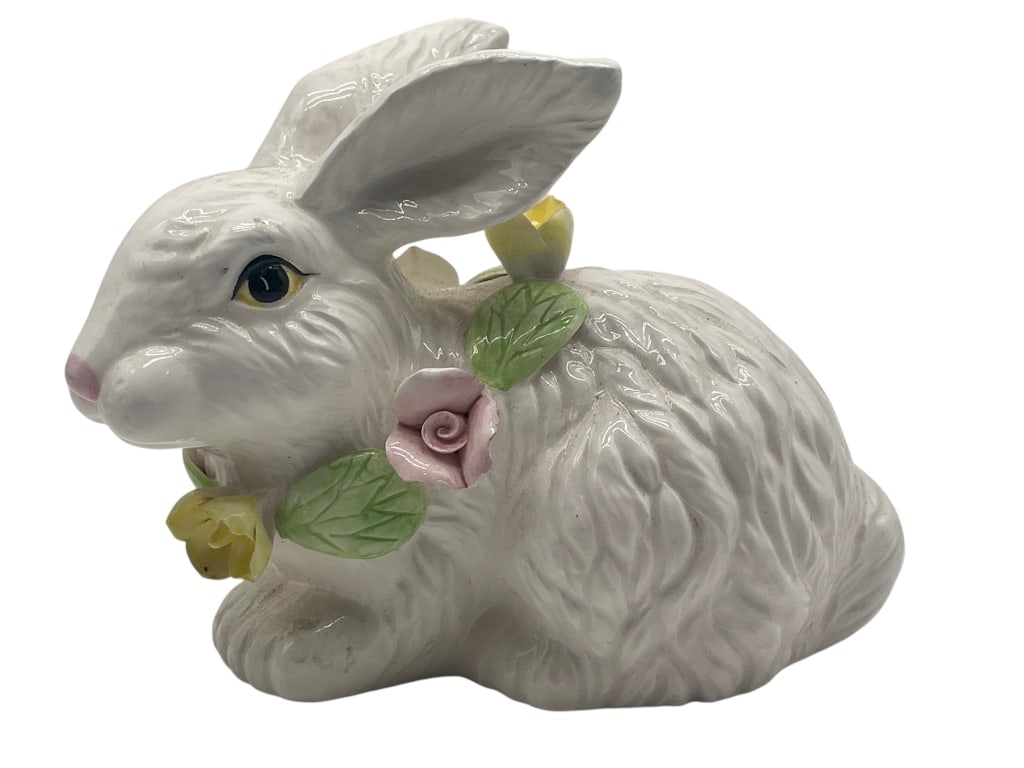WHITE CERAMIC BUNNY FIGURE WITH FLOWERS 9": VINTAGE WHITE CERAMIC RABBIT FIGURAL DECORATIVE ACCENT WITH FLORAL DETAIL LOT # 1519Sweet vintage white ceramic bunny figure featuring molded fur texture, upright ears, and soft floral accents in past