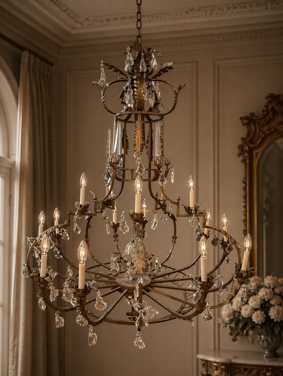 VINTAGE LARGE WROUGHT IRON & CRYSTAL CHANDELIER (1 of 16)