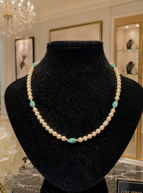 14K GOLD CULTURED PEARL & TURQUOISE NECKLACE 19": Elegant and sophisticated necklace featuring lustrous 6.5mm cultured pearls accented with five genuine turquoise nuggets, ten 14K yellow gold spacer beads, and a decorative 14K yellow gold clasp. The 