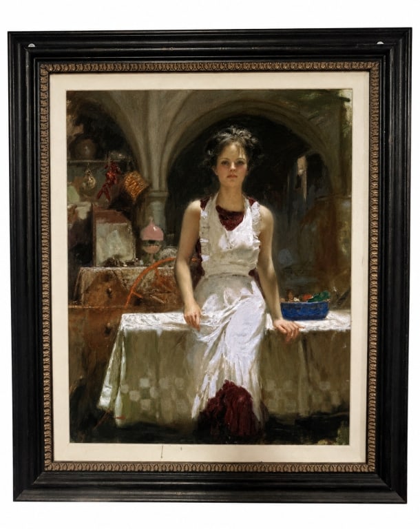 PINO LIMITED EDITION 72/95 CP YOUNG WOMAN 52": Limited-edition print after Pino (Giuseppe Dangelico, 1939?2010), depicting a young woman seated within an atmospheric interior setting. The composition showcases the artist's signature romantic style