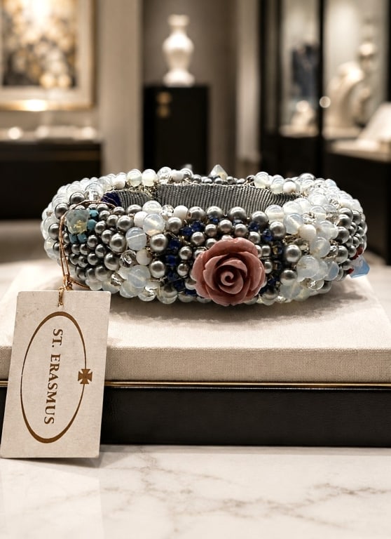 ST. ERASMUS BEADED CUFF BRACELET NWT 4": Exquisite handcrafted St. Erasmus statement cuff bracelet, new with tags, featuring an intricate assemblage of hand-applied beads, crystals, faux pearls, and decorative gemstone accents. The centerpie