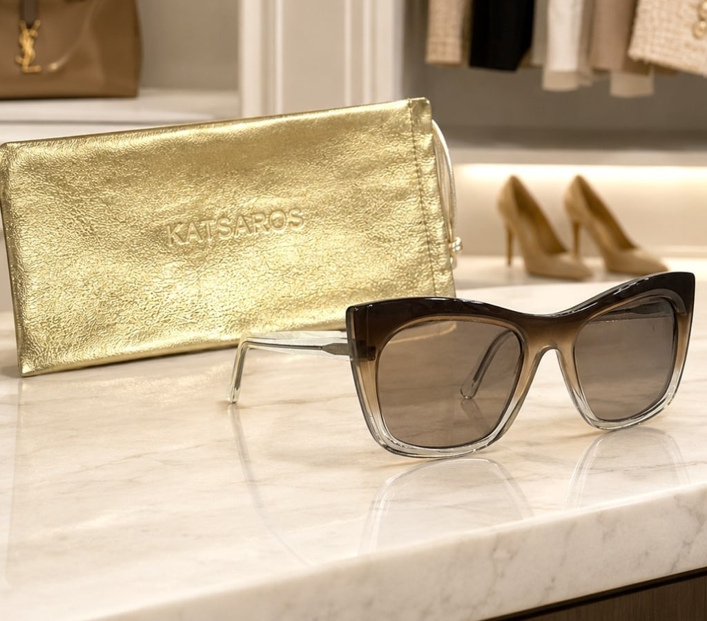 EMMANUEL KATSAROS GRADIENT CAT EYE SUNGLASSES 6": Luxury designer sunglasses by Emmanuel Katsaros featuring a fashionable oversized cat-eye silhouette with gradient brown-to-clear acetate frames and smoky tinted lenses. The elegant frame design is co