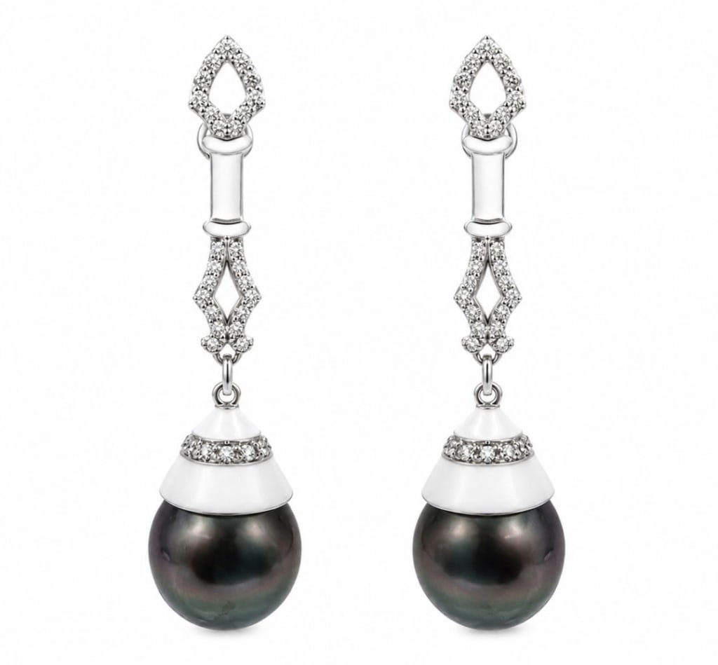 14K WHITE GOLD TAHITIAN PEARL & DIAMOND EARRINGS: Pair of 14 karat white gold drop earrings featuring near-round cultured South Sea Tahitian pearls measuring approximately 13.2?13.4 mm. The earrings are accented with round brilliant-cut diamonds tota