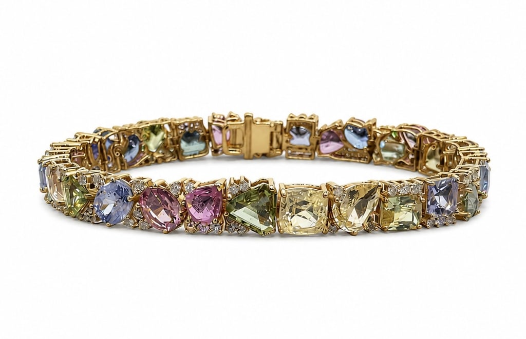 OSCAR FRIEDMAN 14K SAPPHIRE & DIAMOND BRACELET: Oscar Friedman 14 karat yellow gold bracelet featuring 30 natural multi-color sapphires in assorted brilliant and faceted cuts totaling approximately 25.50 carats. Showcasing a colorful arrangement of