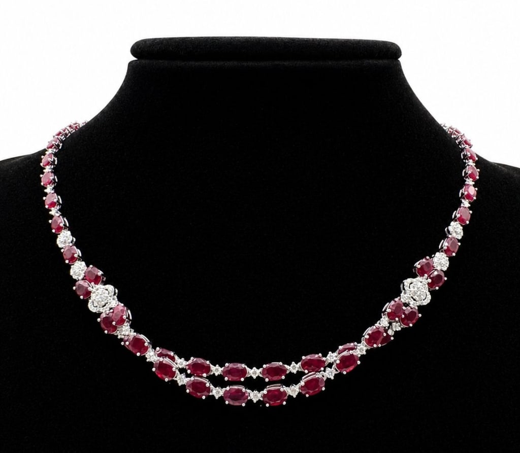 AARON GOTTLIEB BURMESE RUBY DIAMOND NECKLACE: Aaron Gottlieb platinum necklace featuring 57 natural Burmese (Myanmar) rubies totaling approximately 30.30 carats, accented by 131 round brilliant-cut diamonds with a total weight of approximately 2.