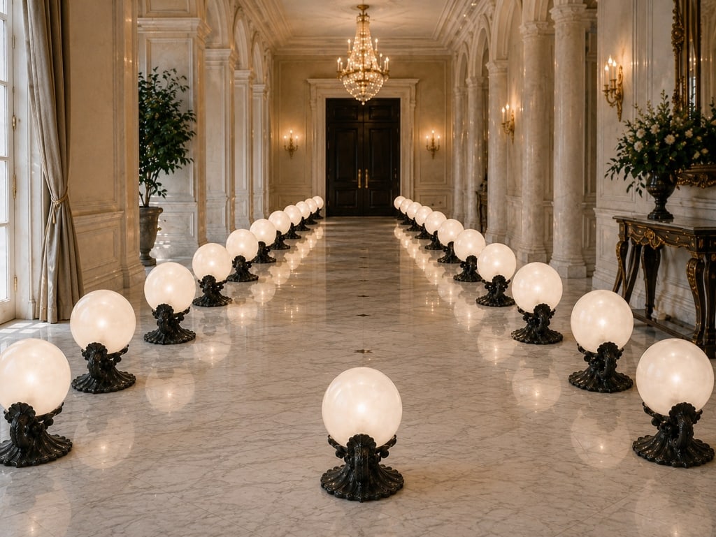 23 ROOM FULL OF ACRYLIC GLOBES GOTHIC SCONCES: Lot of twenty-three (23) full globe postal lights in a black metal over bronzed finish material that hold onto these lightweight and bright white sconces. Nice gothic retro appeal, enough for the whol
