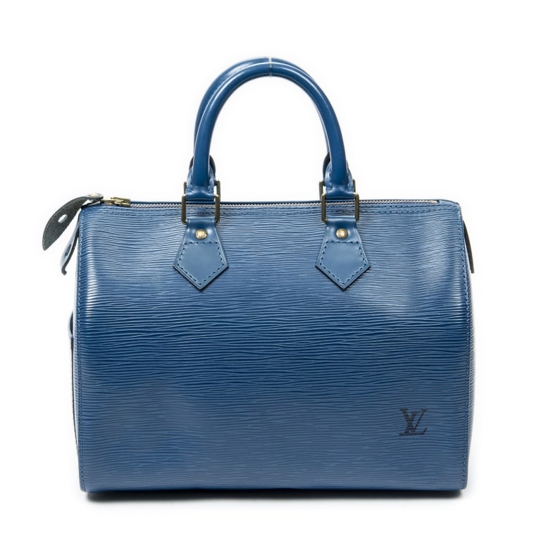 LOUIS VUITTON SPEEDY 25 IN BLUE EPI LEATHER: LOUIS VUITTON SPEEDY 25 IN BLUE EPI LEATHER-The Louis Vuitton Speedy 25, here in striking blue Epi leather with golden brass hardware, offers the perfect blend of elegance and everyday functionality. 
