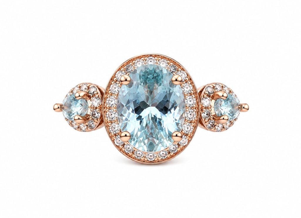 14K ROSE GOLD 2.6CT AQUAMARINE & DIAMOND RING: 14 karat rose gold ring featuring three natural aquamarine beryl gemstones, including an oval center stone and two pear-shaped side stones with a combined weight of approximately 2.60 carats. The gems