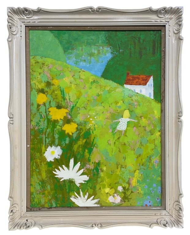 VINTAGE IMPRESSIONIST LANDSCAPE PAINTING 46": Charming vintage impressionist-style landscape painting depicting a lush wildflower meadow overlooking a tranquil blue stream or pond. The composition features vibrant shades of green, yellow, and blu