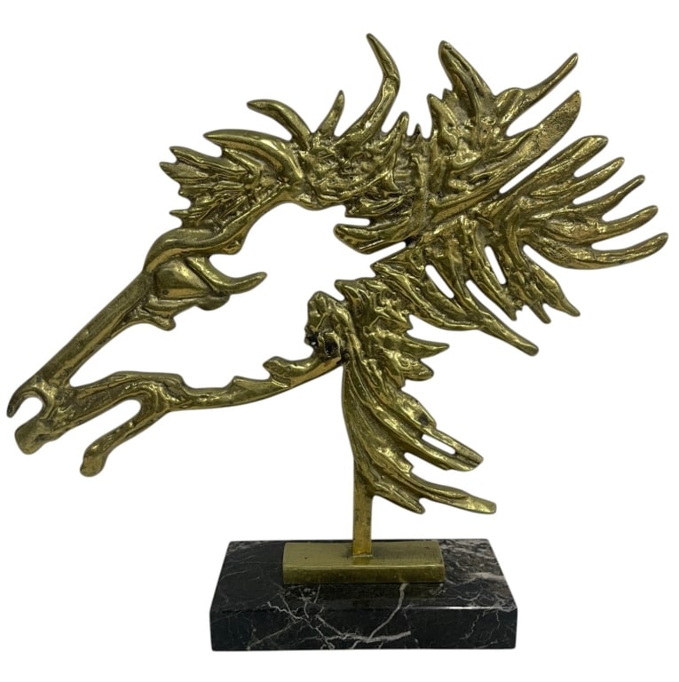 BRASS HORSE SCULPTURE ON MARBLE BASE 21": An eye-catching brass sculpture depicting a stylized horse's head with an expressive flowing mane rendered in an abstract modernist design. Crafted with dramatic organic lines and textured detailing, 