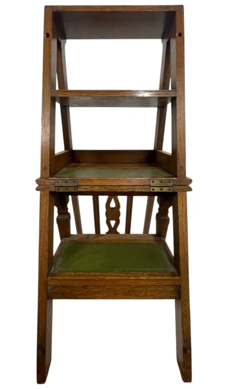 ANTIQUE OAK LIBRARY COMBINATION STEPS & CHAIR 36": A charming antique oak combination library step chair featuring a clever folding design that converts from a side chair into a set of library or household steps. Crafted from solid oak with attractive