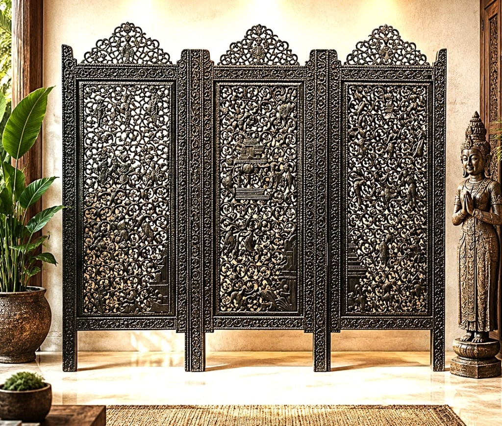 BALINESE CARVED WOODEN ROOM DIVIDER SCREEN 78" (1 of 11)