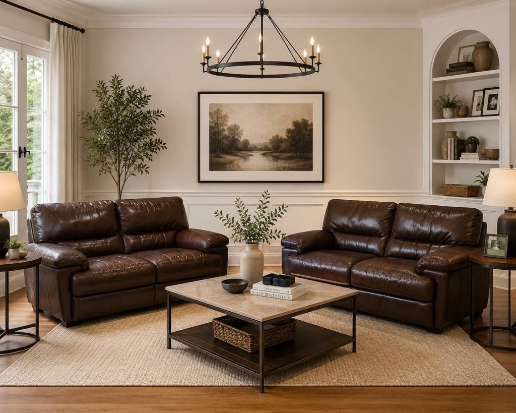 PAIR OF BROWN LEATHER RECLINER SOFAS 81" (1 of 6)