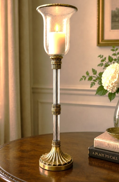 CHAPMAN BRASS & GLASS CANDLEHOLDER 28": An elegant standing candleholder by Chapman, featuring a substantial brass base with a fluted shell motif, a clear glass column stem, and a large hand-blown art glass shade. The frosted bubble glass