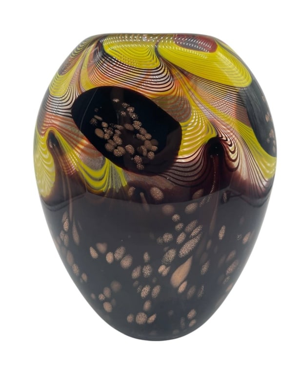 COPPER SWIRL VASE BROWN GLASS 11": Lenox decorative art glass vase featuring a rounded ovoid form with dramatic pulled feather-style bands in yellow, amber, burgundy, black, and copper-toned aventurine flecking. The upper portion has a