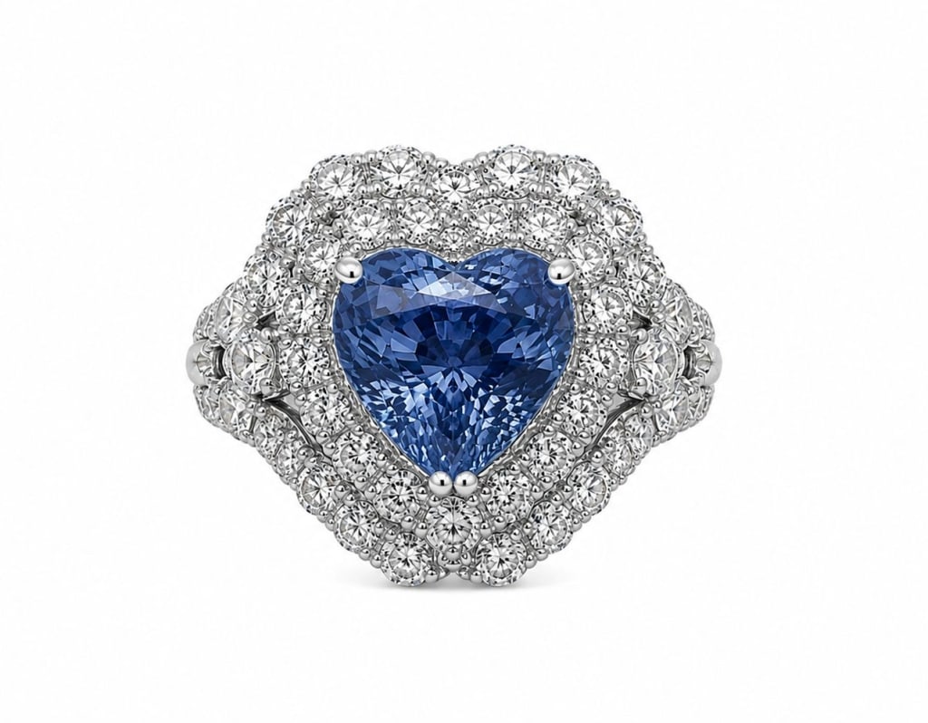PLATINUM CEYLON SAPPHIRE & DIAMOND HEART RING: Platinum ring featuring a GIA-certified 3.62 carat heart-shaped natural blue sapphire of Sri Lanka (Ceylon) origin. The center sapphire is surrounded by approximately 1.14 carats total weight of