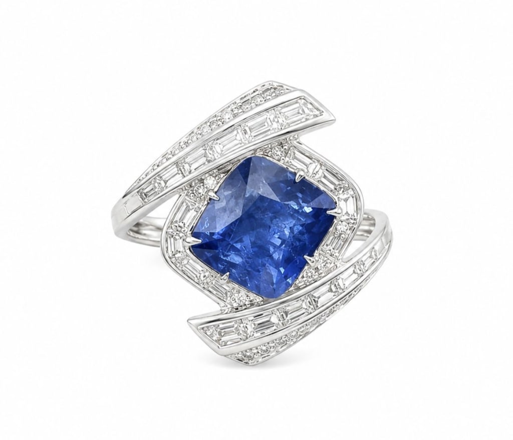 14K WHITE GOLD SRI LANKA SAPPHIRE DIAMOND RING: 14 karat white gold ring featuring a 3.86 carat natural Sri Lanka cushion-cut blue sapphire accented by approximately 1.29 carats total weight of baguette and round brilliant-cut diamonds. The sapphir