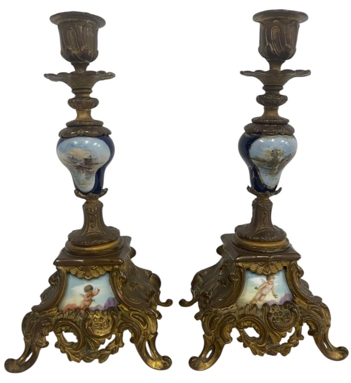 PAIR OF BRONZE & PORCELAIN CANDLESTICKS 9.5" (1 of 6)