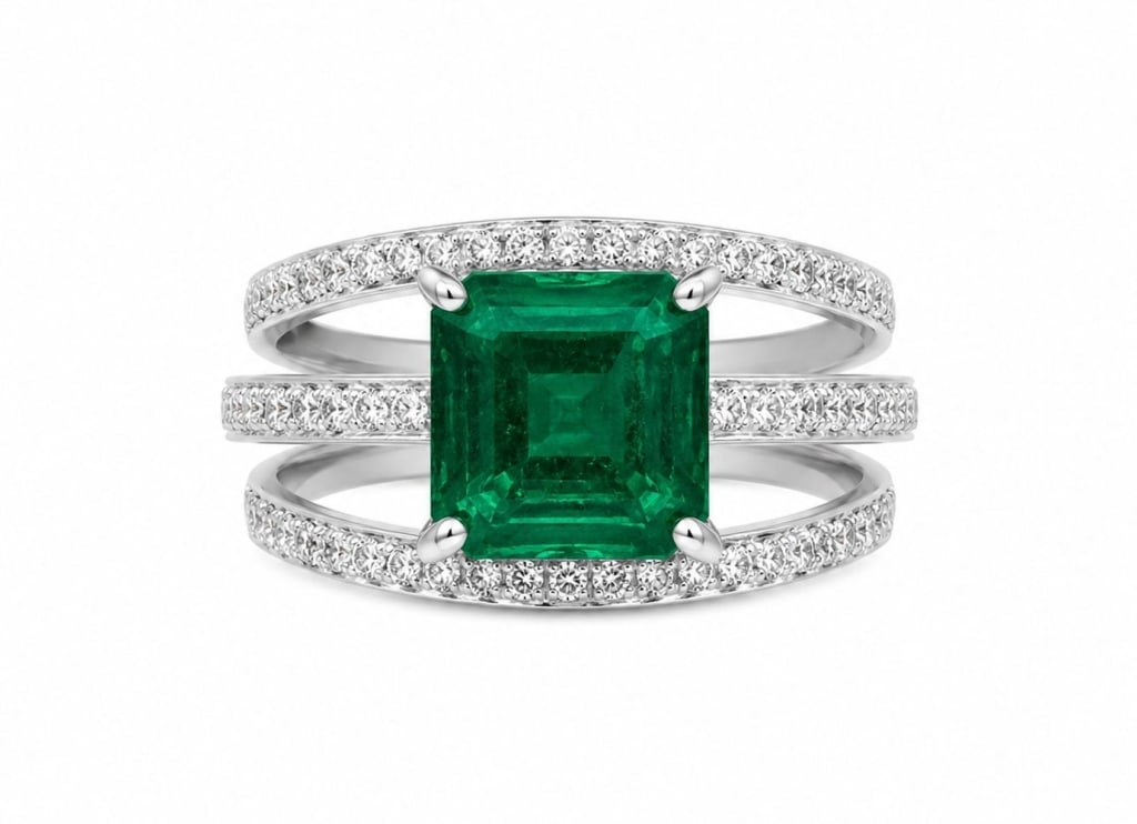 PLATINUM 2.4CT EMERALD & DIAMOND SPLIT SHANK RING: Platinum ring featuring a 2.44 carat natural emerald-cut emerald accented by approximately 0.58 carats total weight of round brilliant-cut diamonds. The three-row split shank design is set with diamon
