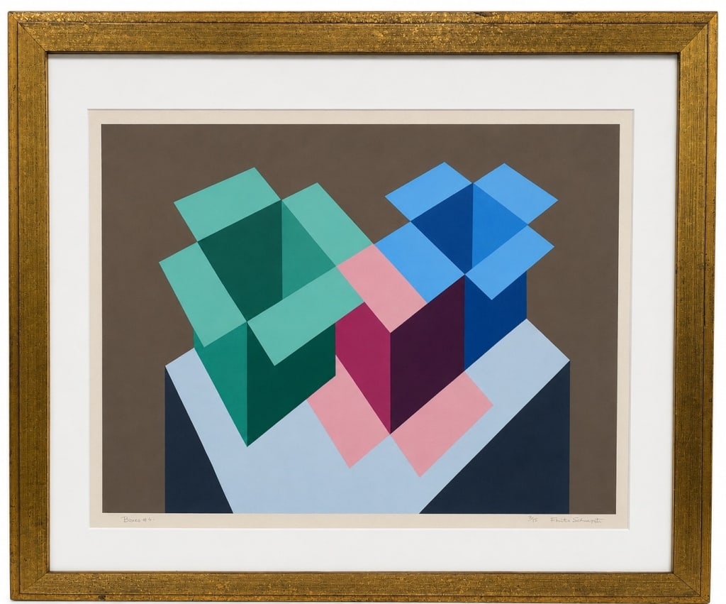 CHESTER SOLOMONT BOXES #2 SERIGRAPH 2/15 32.5": Limited edition geometric abstract serigraph titled "Boxes #4" by American artist Chester Solomont. This colorful composition features overlapping translucent forms in shades of teal, blue, pink, and 