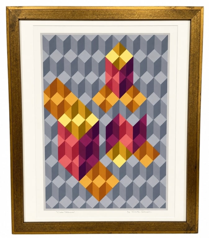 CHESTER SOLOMONT A/P CUBIC SERIGRAPH 33": Contemporary geometric abstract serigraph titled Cubic Extensions, featuring a sophisticated arrangement of interlocking cube forms rendered in shades of gray, gold, amber, magenta, and violet. The co
