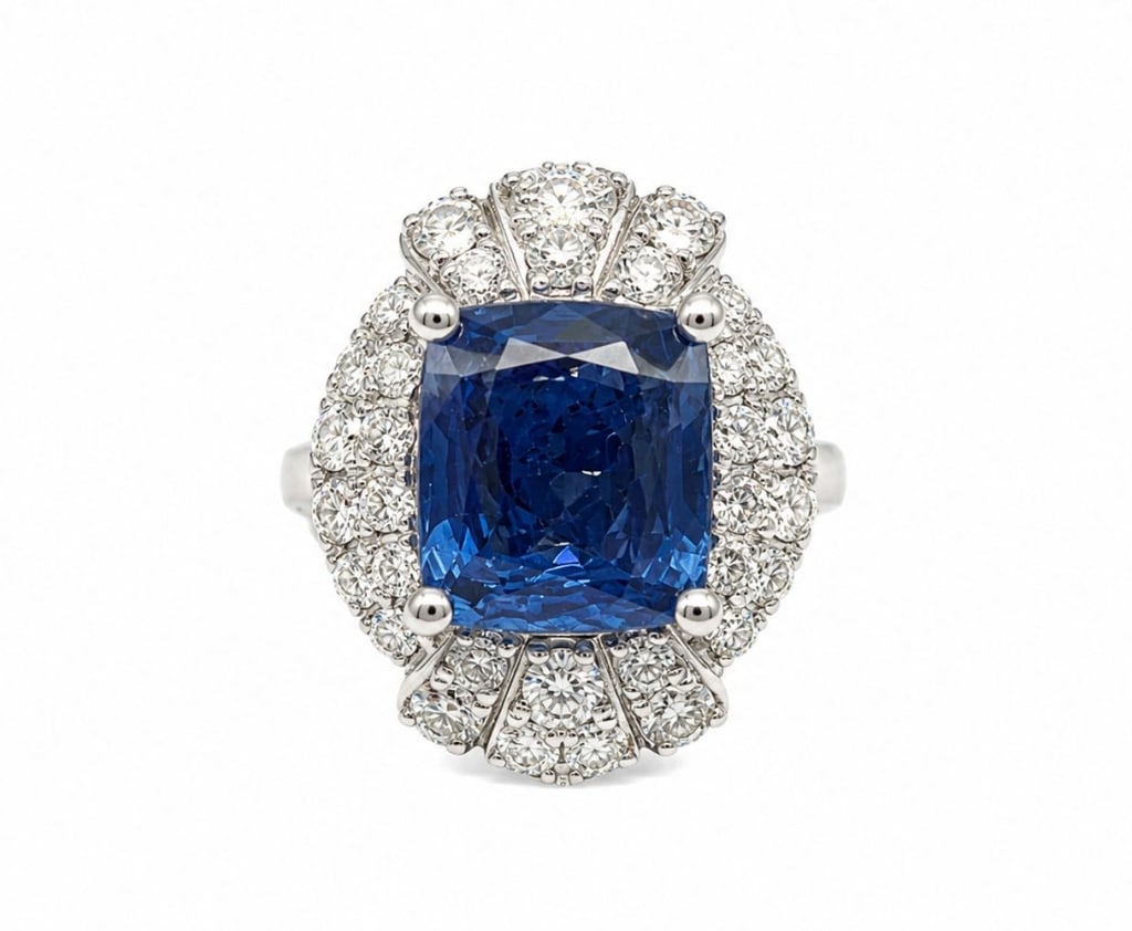 PLATINUM UNHEATED SRI LANKA 3CT SAPPHIRE RING: Platinum ring featuring a GIA-certified natural unheated Sri Lanka blue sapphire weighing 3.04 carats. The cushion-cut sapphire is surrounded by approximately 0.82 carats total weight of round brillia