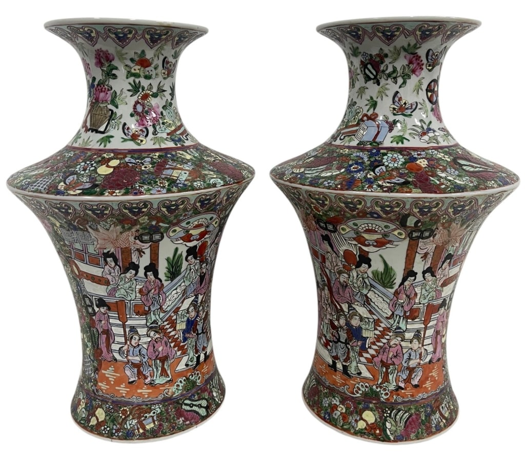 CHINESE PORCELAIN ROSE MEDALLION VASES PAIR 16" (1 of 9)