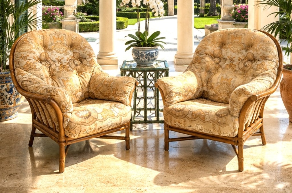 PAIR OF SCALLOPED MCGUIRE RATTAN LOUNGE CHAIRS 32" (1 of 9)