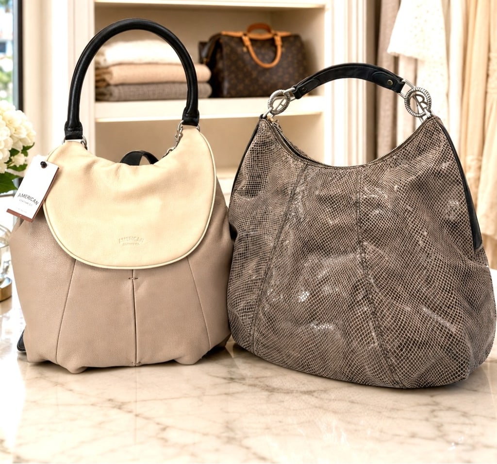 JUDITH RIPKA & AMERICAN LEATHER BAG LOT 24": This lot features two contemporary designer handbags, including a Judith Ripka hobo bag and a (New With Tags) American Leather Co. Catalina Convertible Backpack. The Judith Ripka bag is crafted from b