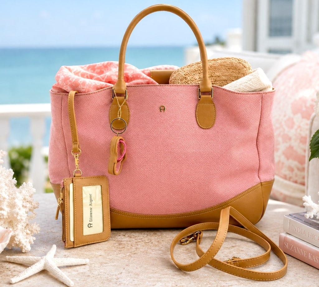ETIENNE AIGNER PINK WOVEN TOTE BAG 15?: Like new Etienne Aigner pink and green woven tote bag with tan leather trim, double top handles, detachable shoulder strap, and coordinating ID card holder. The bag features a bright pink interior lin
