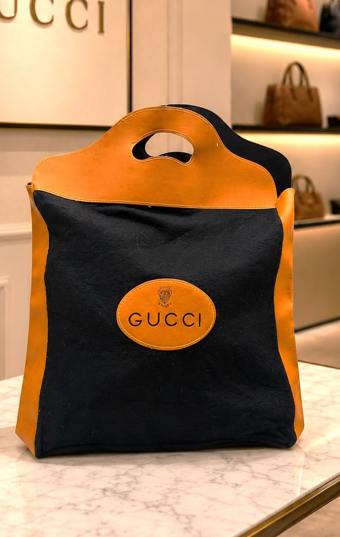 VINTAGE GUCCI SHOPPING TOTE 15": Vintage Gucci shopping tote dating to the circa 1970s, featuring a distinctive black suede exterior accented with rich tan leather trim and integrated cutout handles. The front is adorned with the cla